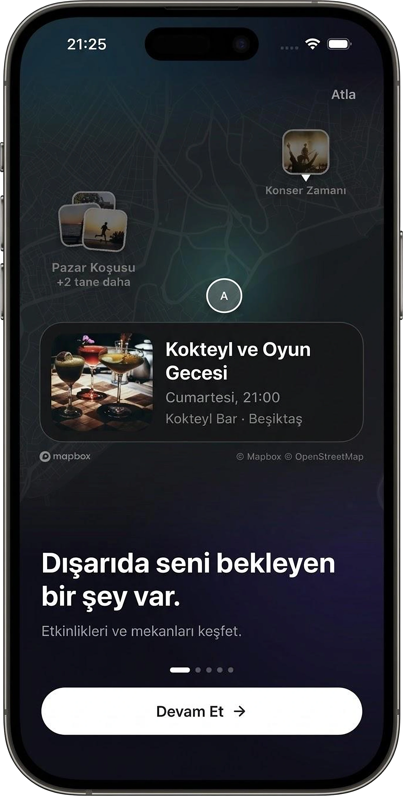 LOMO tanıtım ekranı: Dışarıda seni bekleyen bir şey var. Haritada yakındaki etkinlikler.