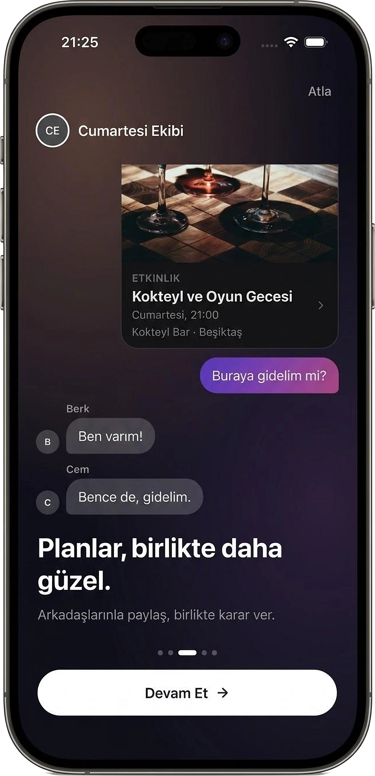 LOMO tanıtım ekranı: Planlar, birlikte daha güzel. Grup sohbetinde paylaşılan etkinlik.